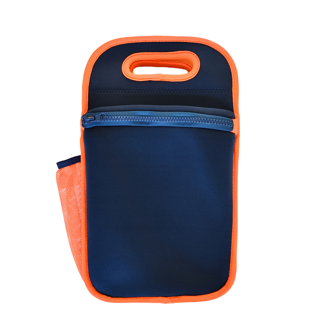navy neoprene lunch bag with orange binding and bottle holder - nudie rudie lunch box
