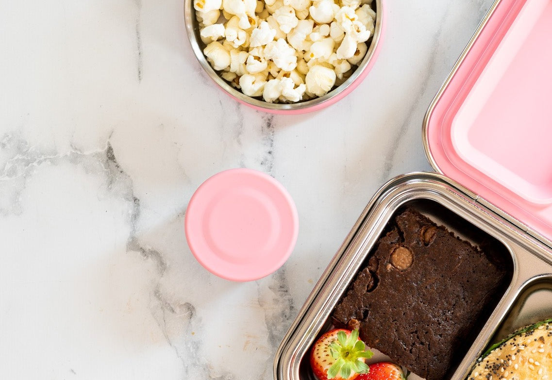 stainless steel snack containers with pink fizz silicone lids - nudie rudie lunchbox