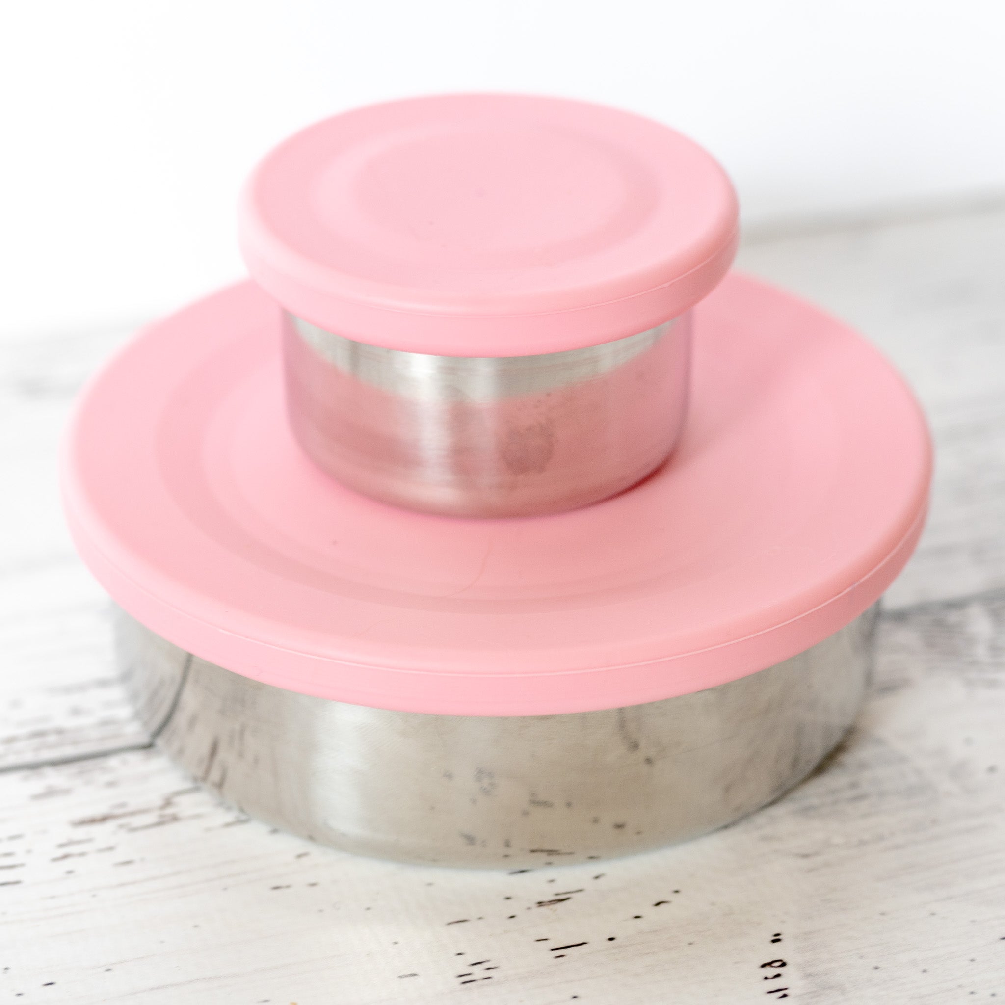 stainless steel snack containers with pink fizz silicone lids - nudie rudie lunchbox