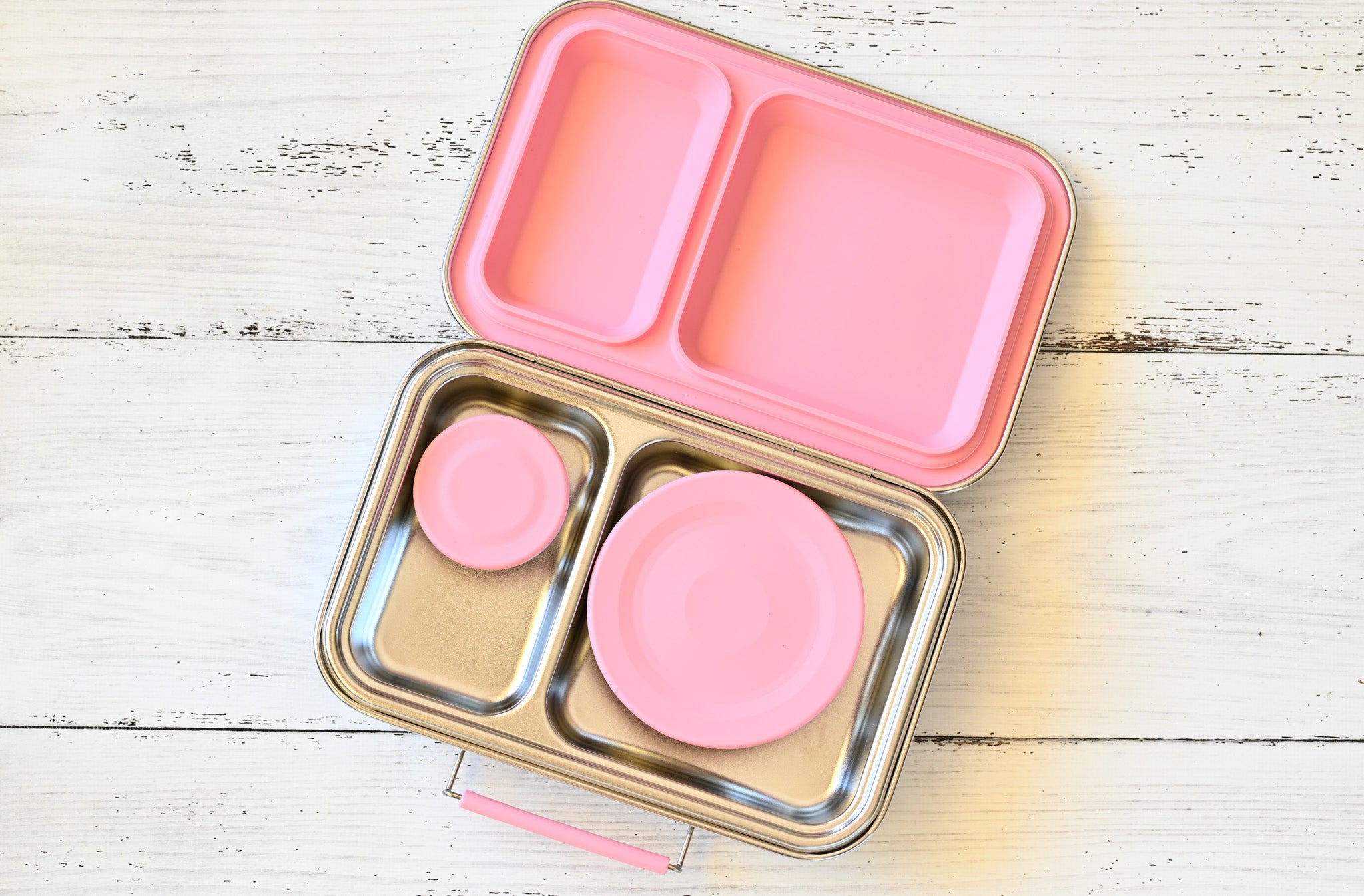 2 compartment stainless steel lunch box with pink silicone seal - nudie rudie lunchbox 