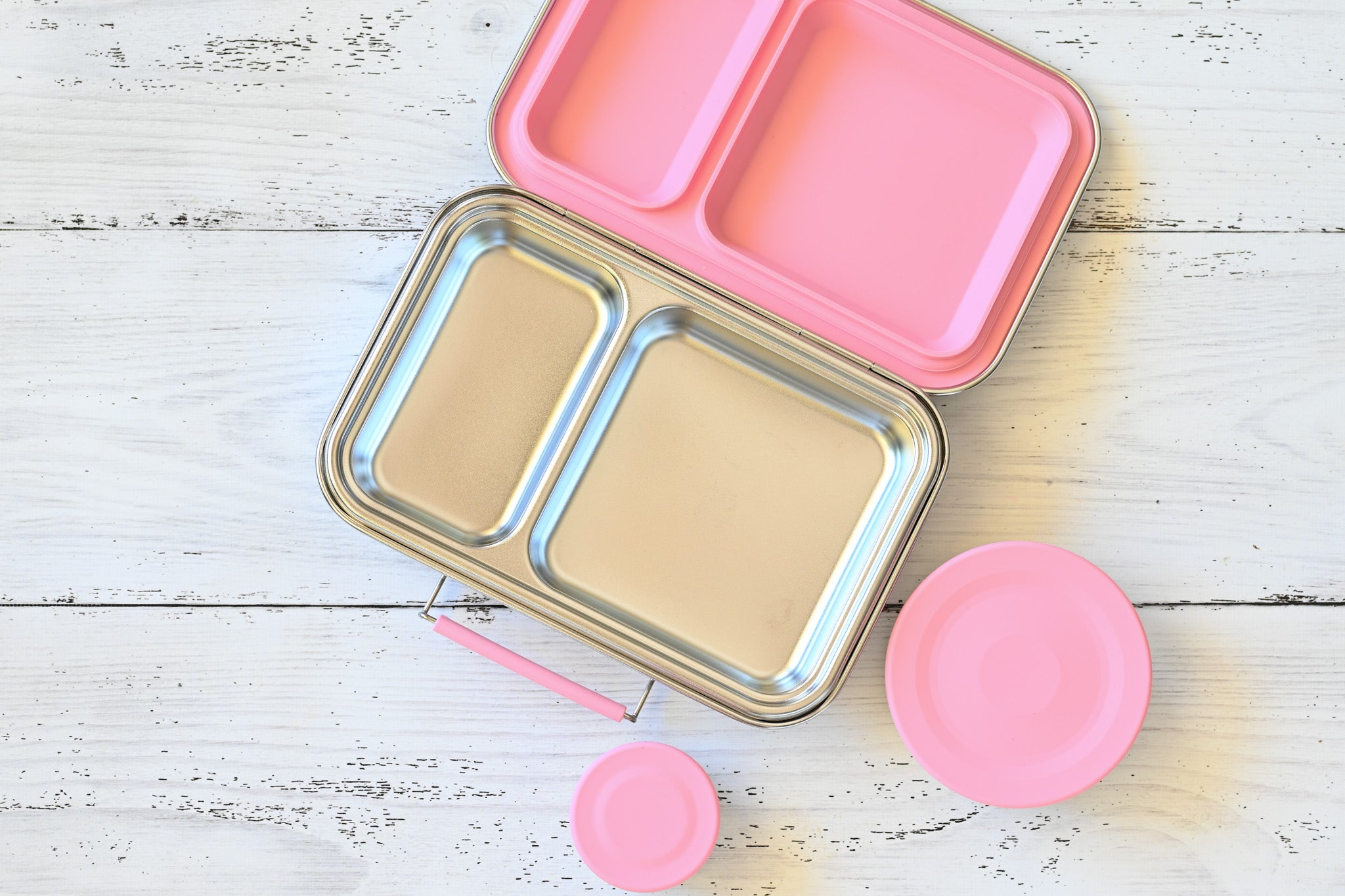 2 compartment stainless steel lunch box with pink silicone seal - nudie rudie lunchbox 
