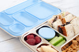 nudie rudie lunch box leak proof stainless steel bento style lunchbox with blue removable silicone seal on lid. comes with 2 additional snack pots